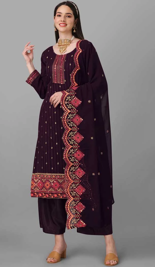 Festival Wear Wine Color Georgette Embroidery Work Pakistani Style Designer Salwar Kameez -6042166621