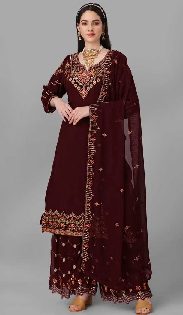 Festival Wear Georgette Maroon Color Embroidery Work Pakistani Style Designer Salwar Kameez -6042166622