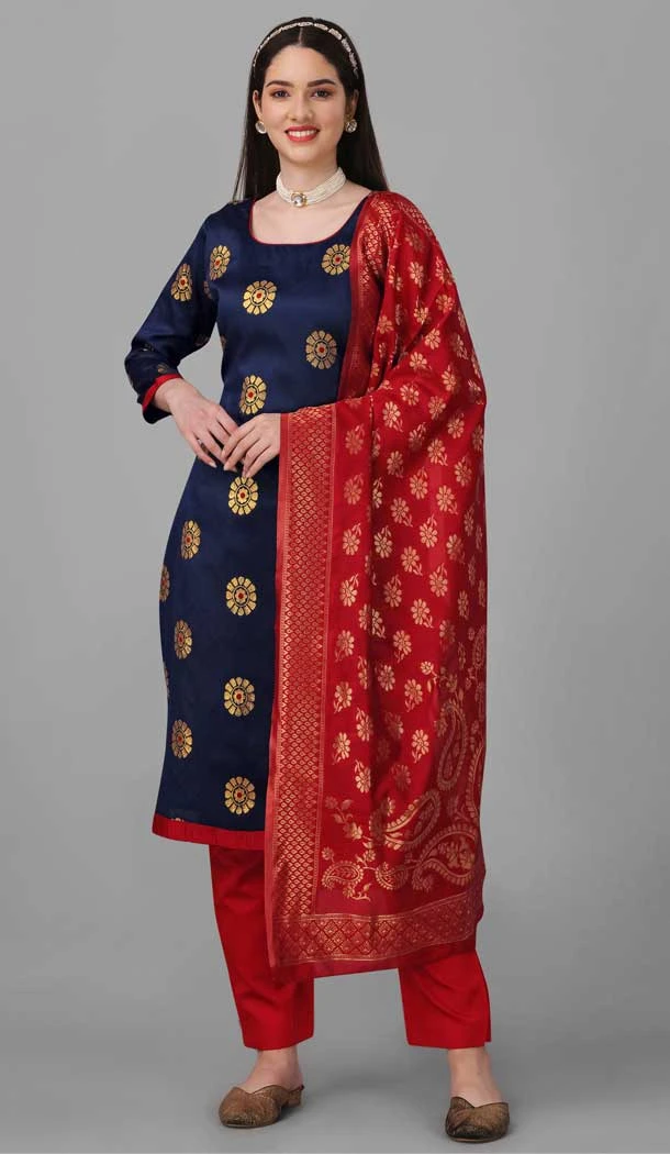 Navy Blue Color Silk Woven Work Pakistani Style Casual Salwar Kameez -6043166627