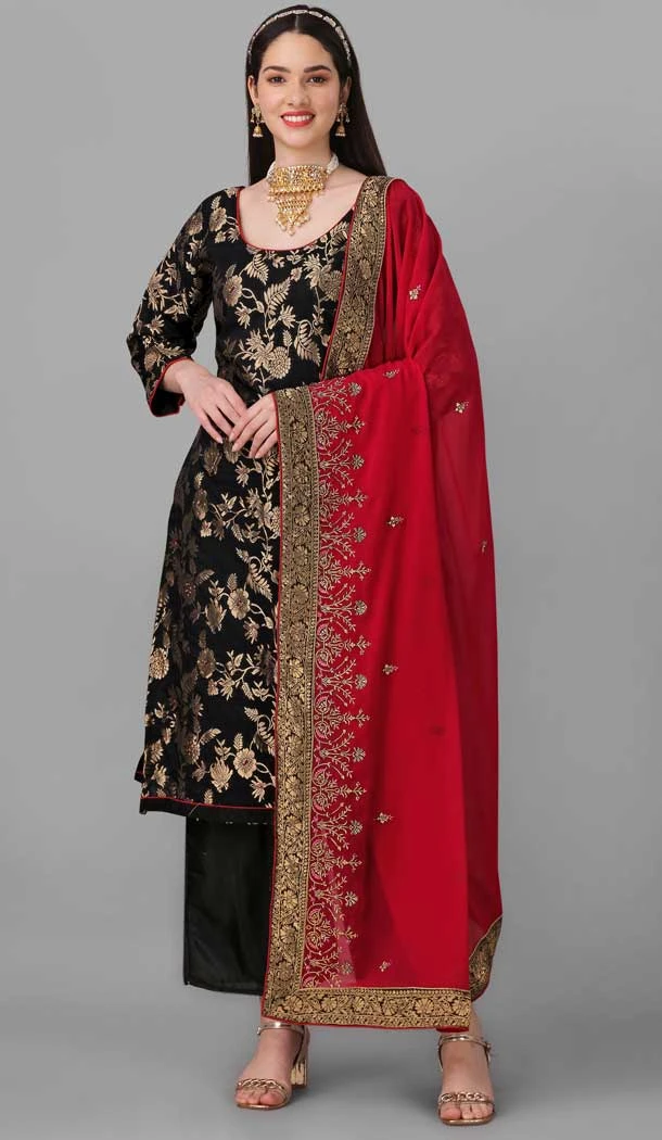Black Color Pure Silk Jacquard Woven Work Pakistani Style Casual Salwar Kameez -6043166628