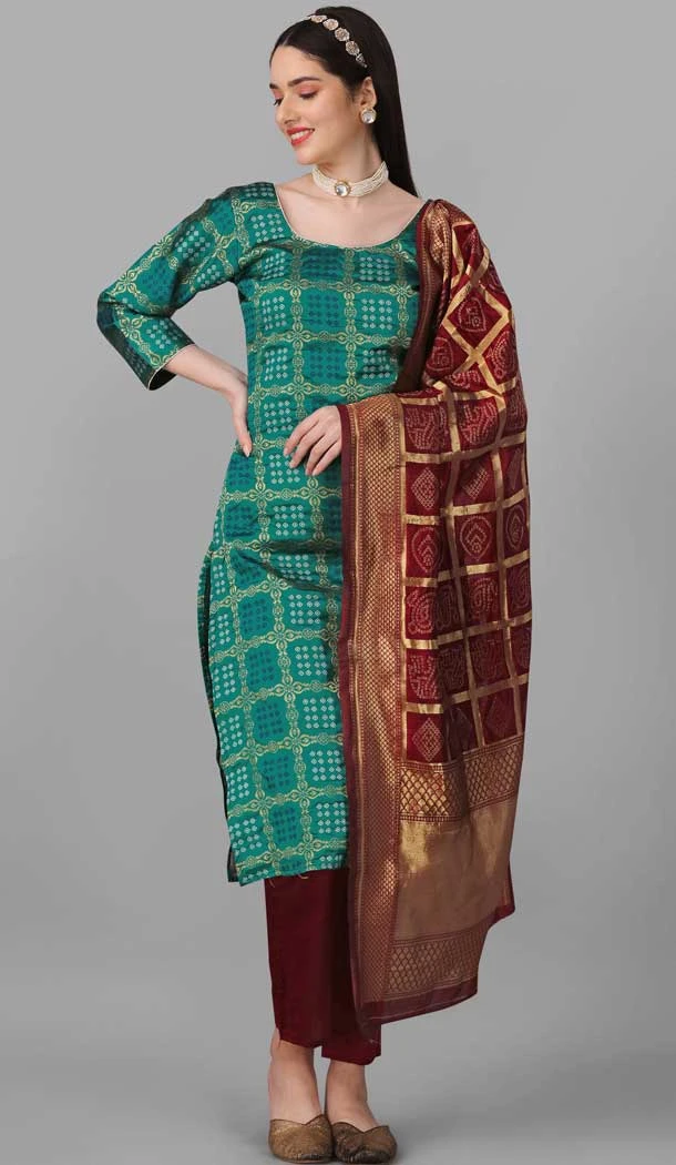 Rama Green Color Bandhani Silk Blend Woven Work Pakistani Style Casual Salwar Kameez -6043166629