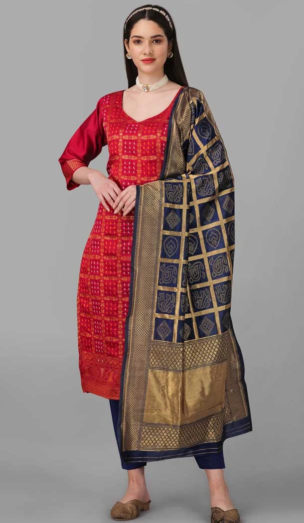 Red Color Bandhani Silk Blend Woven Work Pakistani Style Casual Salwar Kameez -6043166630