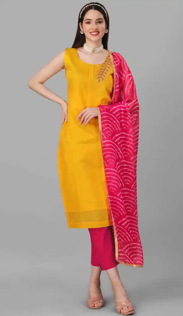 Mustard Color Chanderi Cotton Resham And Zari Work Festival Wear Salwar Kameez -6044166632