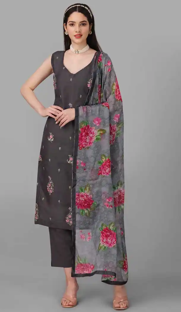 Grey Color Chanderi Cotton Resham Work Festival Wear Salwar Kameez -6044166633