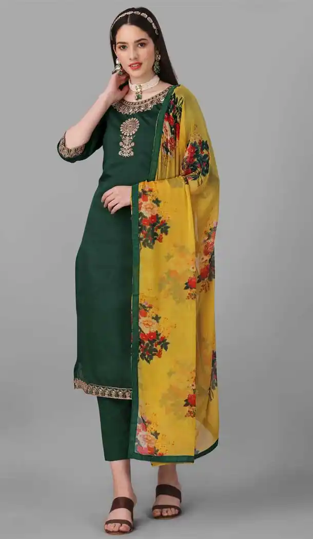 Green Color Chanderi Cotton Dori And Zari Work Festival Wear Salwar Kameez -6044166638