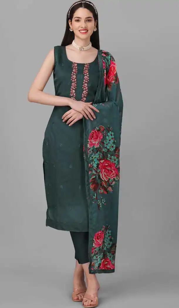 Teal Green Color Chanderi Cotton Resham And Sequins Work Festival Wear Salwar Kameez -6044166639