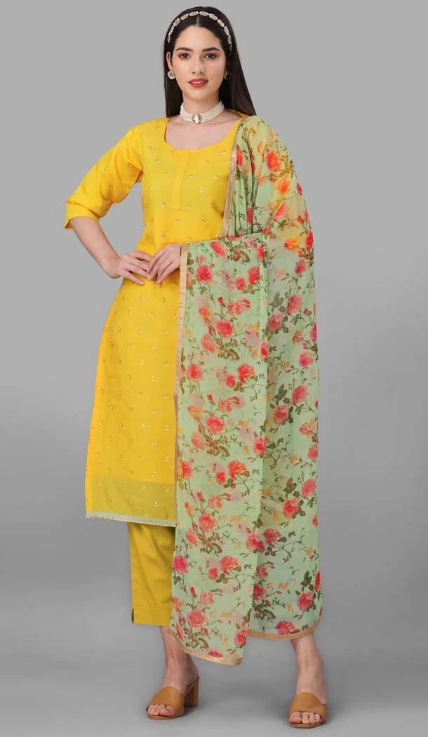 Yellow Color Chanderi Cotton Resham And Sequins Work Festival Wear Salwar Kameez -6044166642