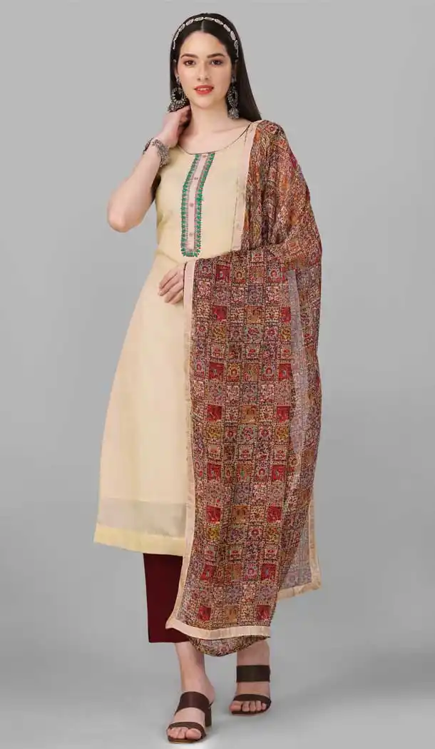 Cream Color Chanderi Cotton Resham Work Festival Wear Salwar Kameez -6044166644