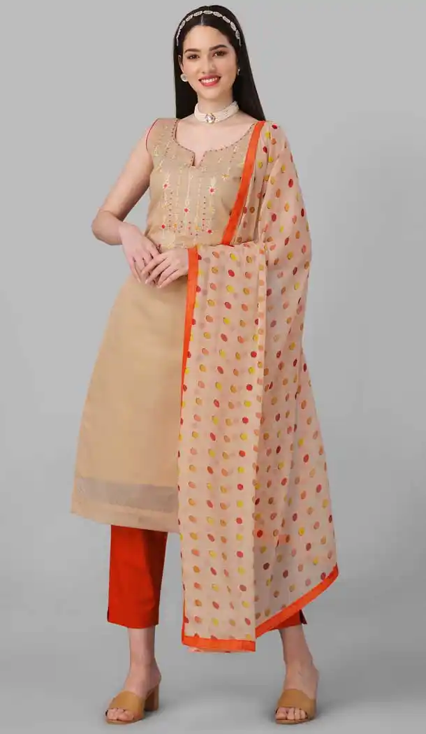 Beige Color Chanderi Cotton Resham And Sequins Work Festival Wear Salwar Kameez -6044166646