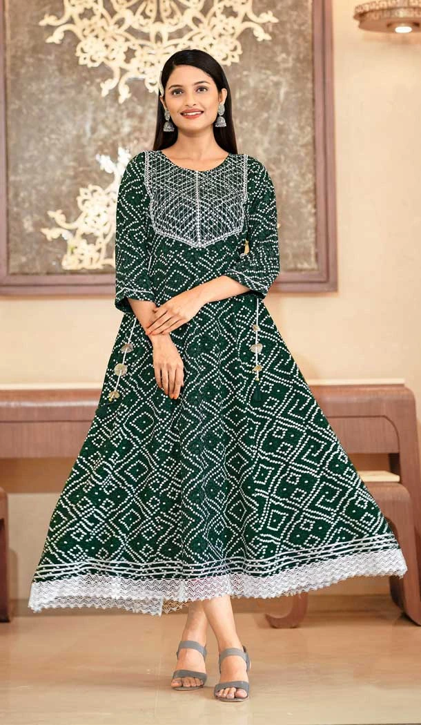 Green Color Rayon Bandhej Print With Work Festival Wear Readymade Kurti -6054166753