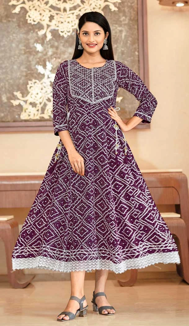 Purple Color Rayon Bandhej Print With Work Festival Wear Readymade Kurti -6054166754