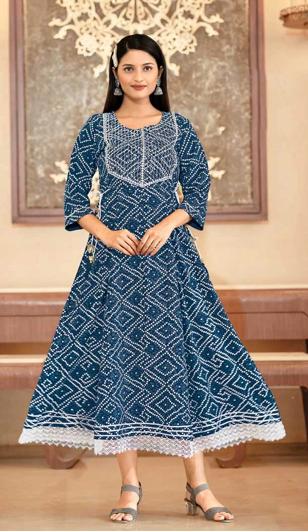Teal Blue Color Rayon Bandhej Print With Work Festival Wear Readymade Kurti -6054166755