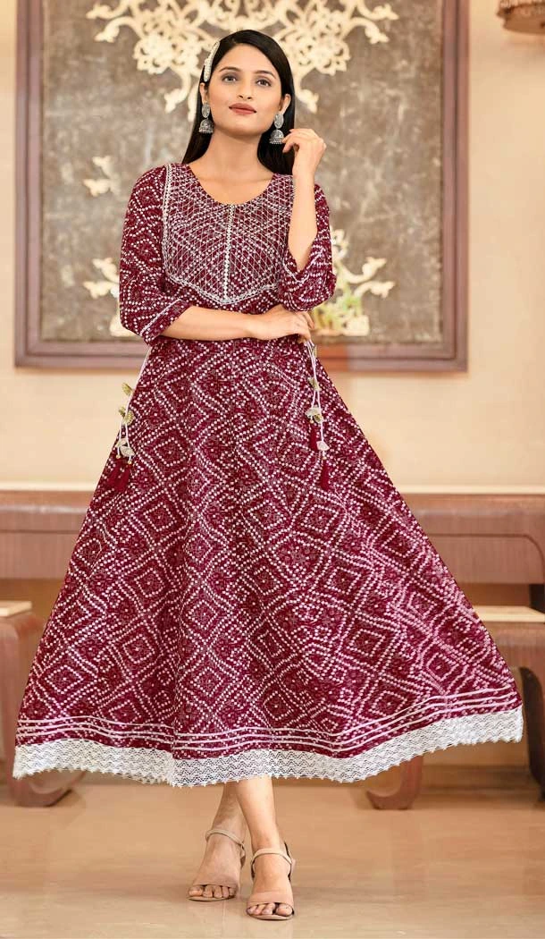 Maroon Color Rayon Bandhej Print With Work Festival Wear Readymade Kurti -6054166756