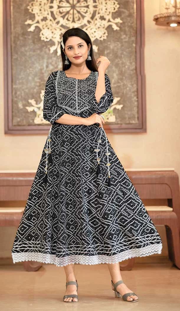 Black Color Rayon Bandhej Print With Work Festival Wear Readymade Kurti -6054166757