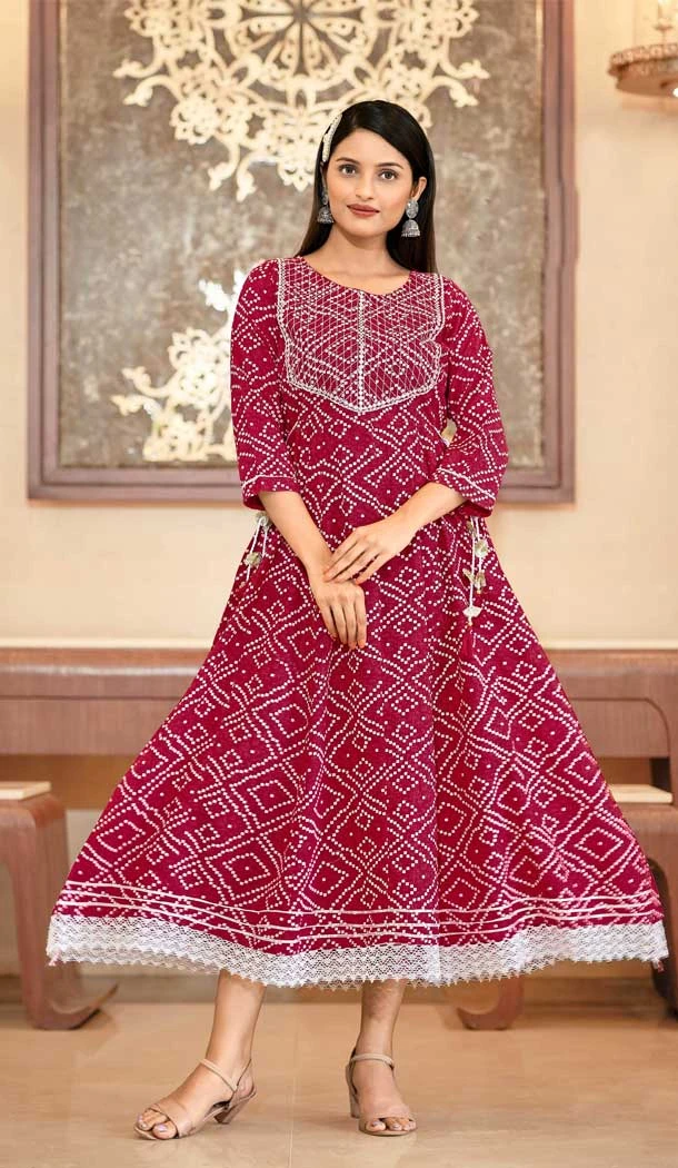 Pink Color Rayon Bandhej Print With Work Festival Wear Readymade Kurti -6054166758