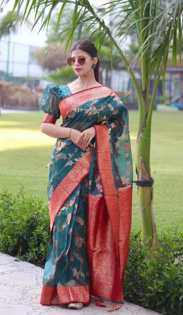 Green Color Soft Organza Golden Zari Weaving Work Party Wear Saree -6056166765