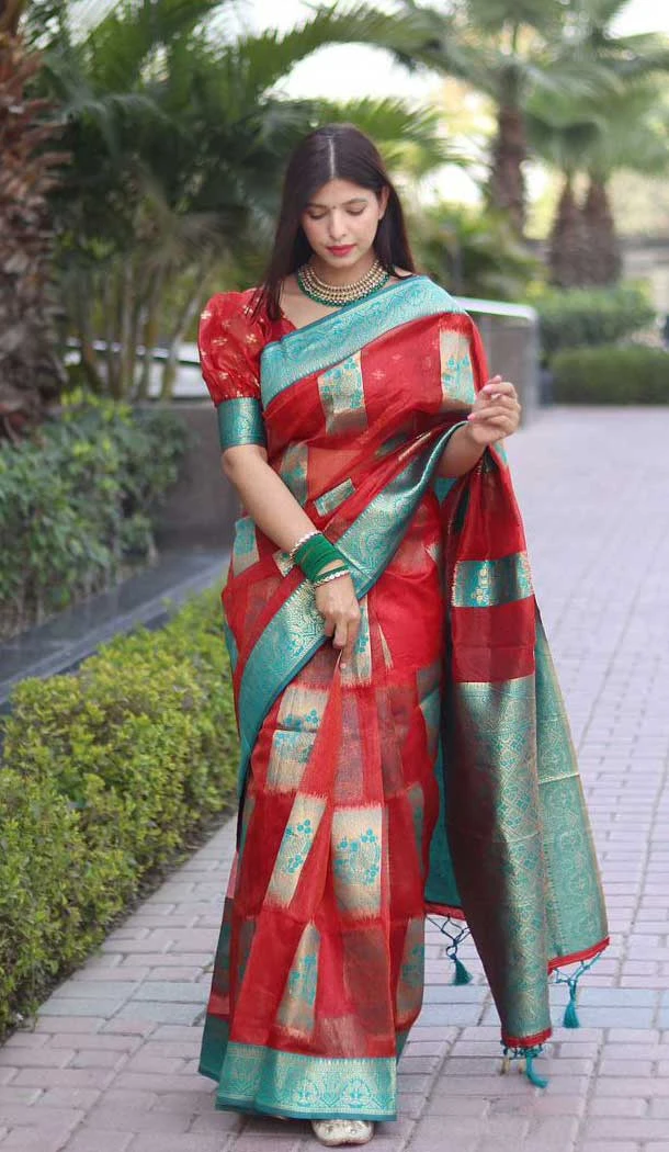 Red Color Soft Organza Golden Zari Weaving Work Party Wear Saree -6056166768
