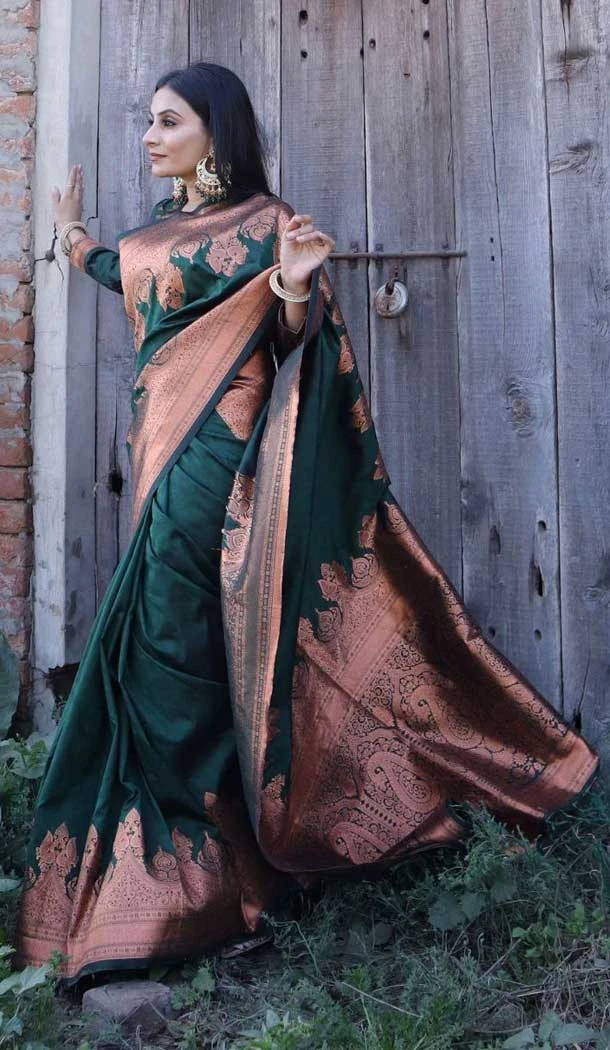 Dark Green Color Banarasi Soft Silk Copper Zari Weaving Work Party Wear Saree -6057166769