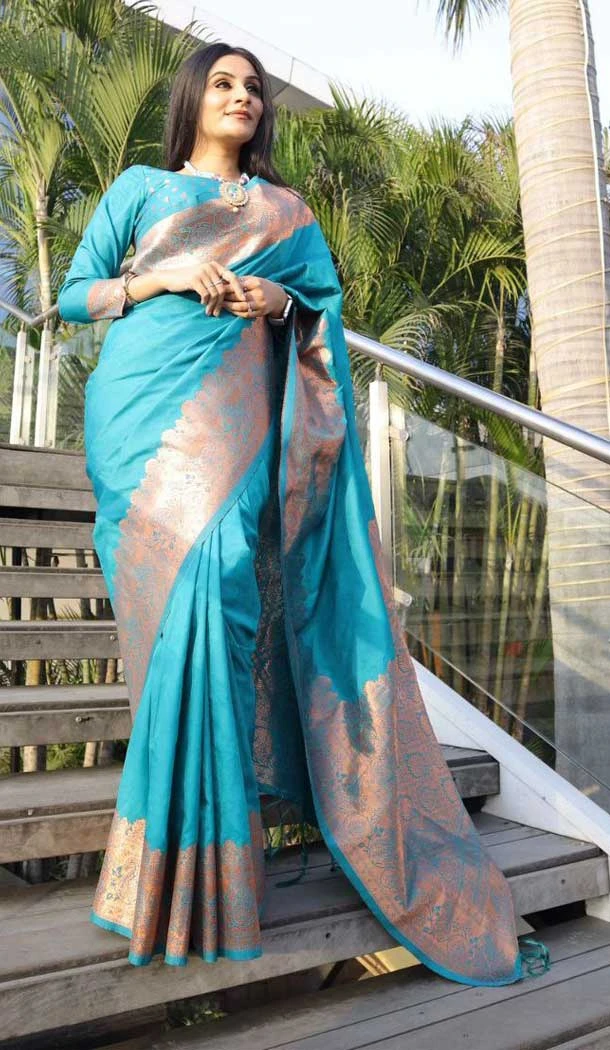 Firozi Color Banarasi Soft Silk Copper Zari Weaving Work Party Wear Saree -6057166770