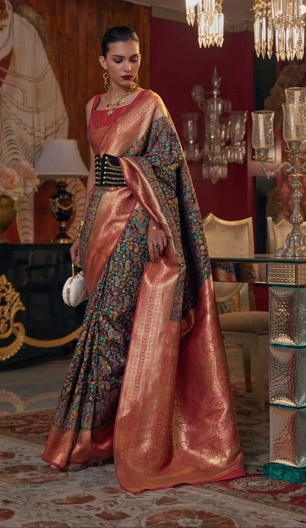 Red And Black Color Handloom Weaving Jacquard Traditional Wear Saree -6064166879
