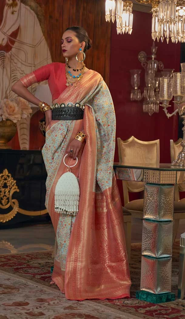 Sky Blue Color Handloom Weaving Jacquard Traditional Wear Saree -6064166884