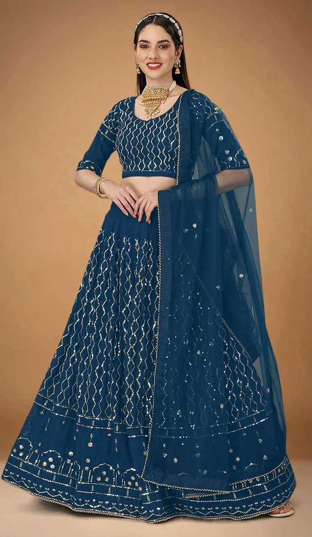 Teal Blue Color Faux Georgette Embroidery Work Designer Wear Lehenga Choli -6072166951