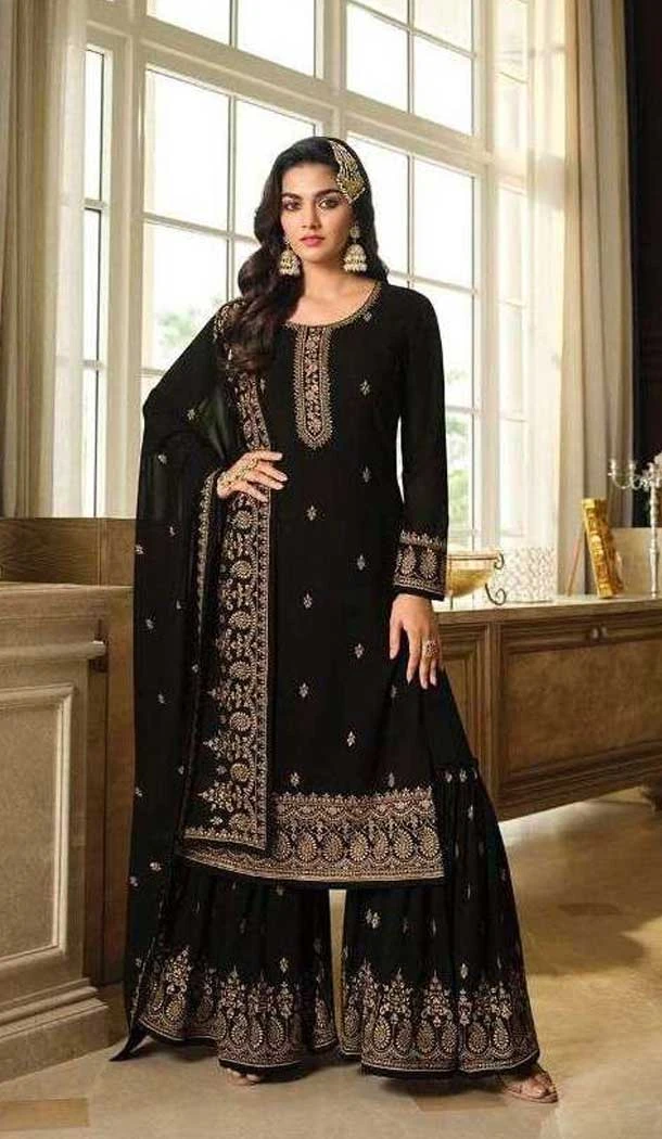 Black Color Faux Georgette Embroidery Work Pakistani Style Palazzo Salwar Kameez -6073166958