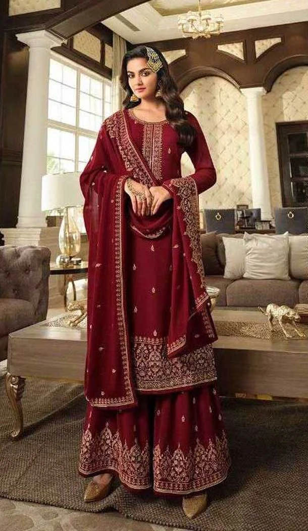 Maroon Color Faux Georgette Embroidery Work Pakistani Style Palazzo Salwar Kameez -6073166962