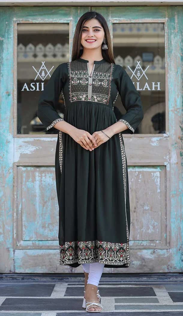 Dark Green Color Rayon Digital Print Work Designer Readymade Kurti -6082167074
