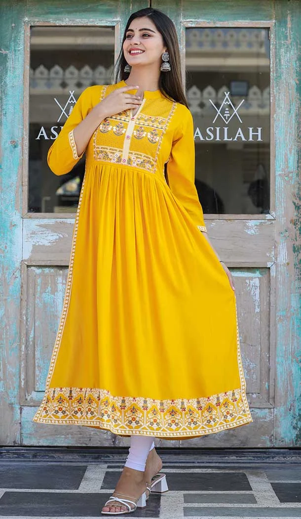 Yellow Color Rayon Digital Print Work Designer Readymade Kurti -6082167075