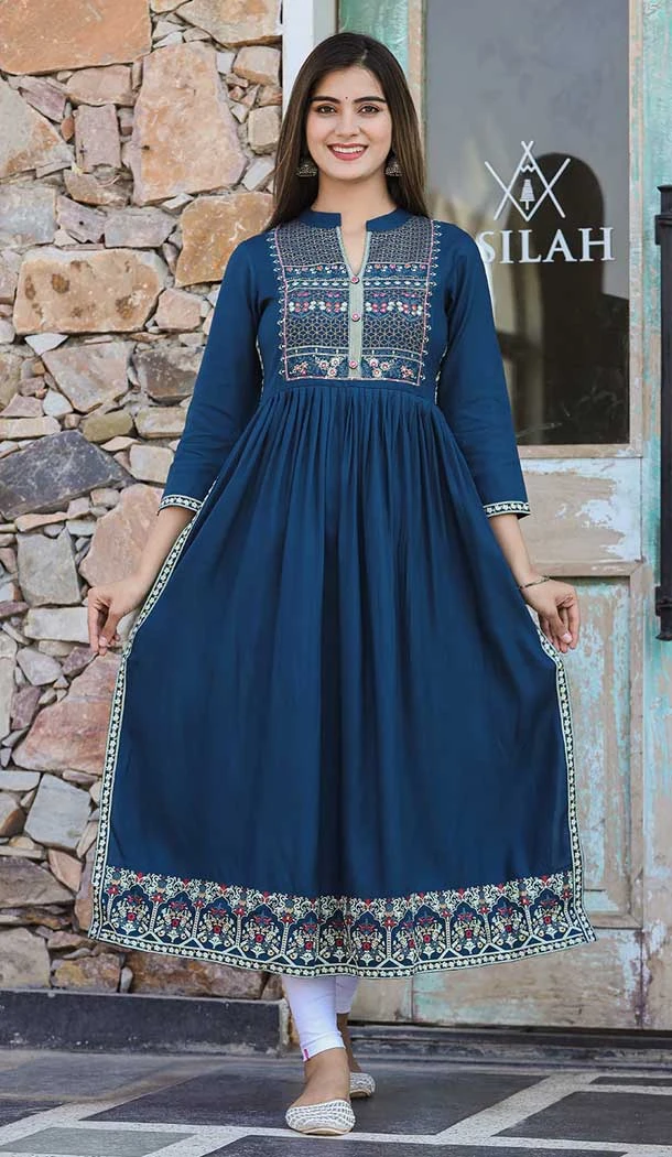 Teal Color Rayon Digital Print Work Designer Readymade Kurti -6082167078