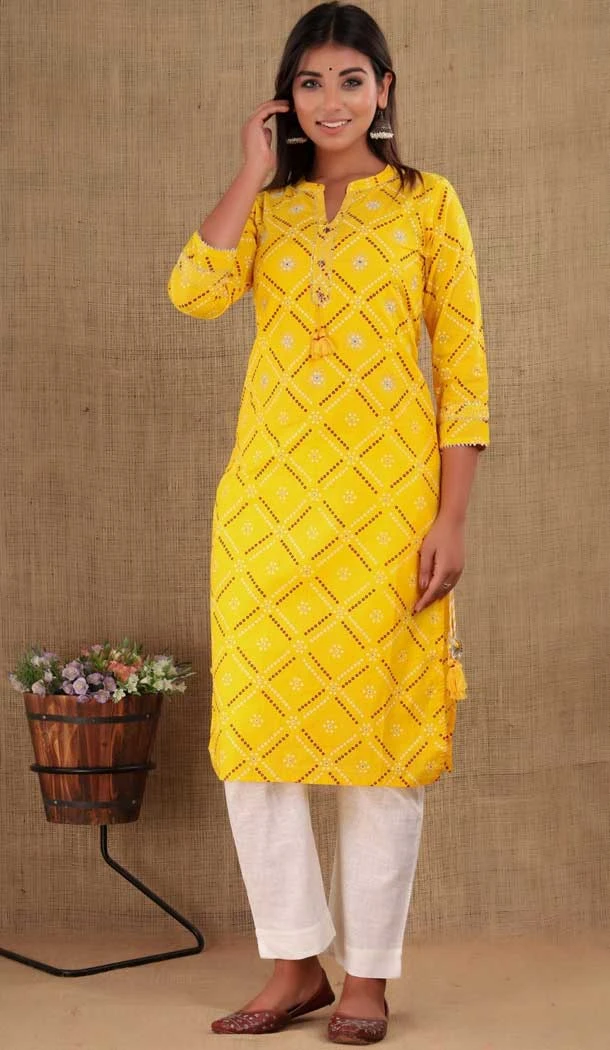 Yellow Color Cotton Casual Wear Readymade Designer Kurti With Bottom -6083167079