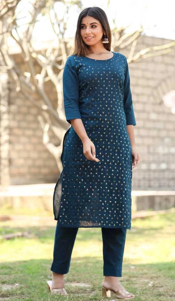Navy Blue Color Cotton Sequins Work Readymade Designer Kurti With Bottom -6083167080