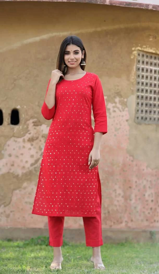Red Color Cotton Sequins Work Readymade Designer Kurti With Bottom -6083167081