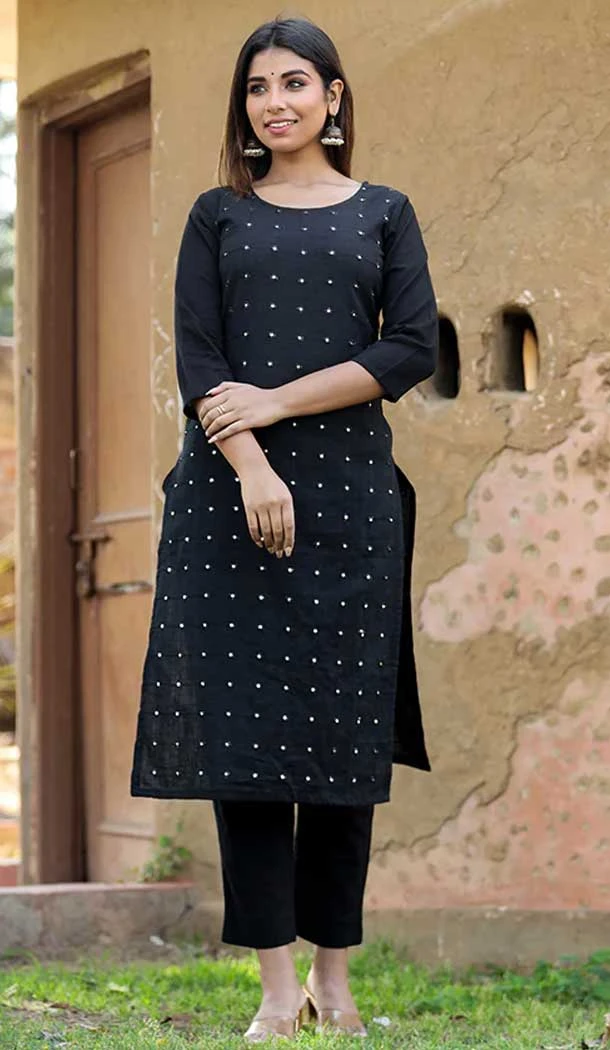 Black Color Cotton Sequins Work Readymade Designer Kurti With Bottom -6083167082