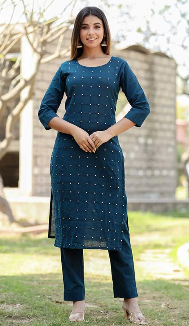 Navy Blue Color Cotton Mirror Work Readymade Designer Kurti With Bottom -6083167083