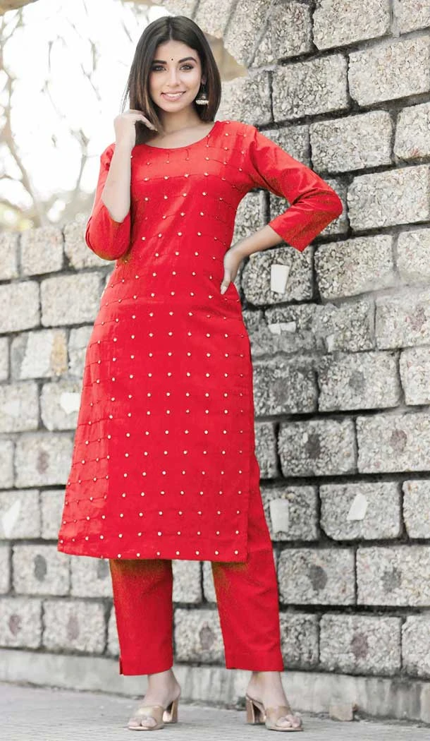 Red Color Cotton Mirror Work Casual Wear Readymade Designer Kurti -6083167084
