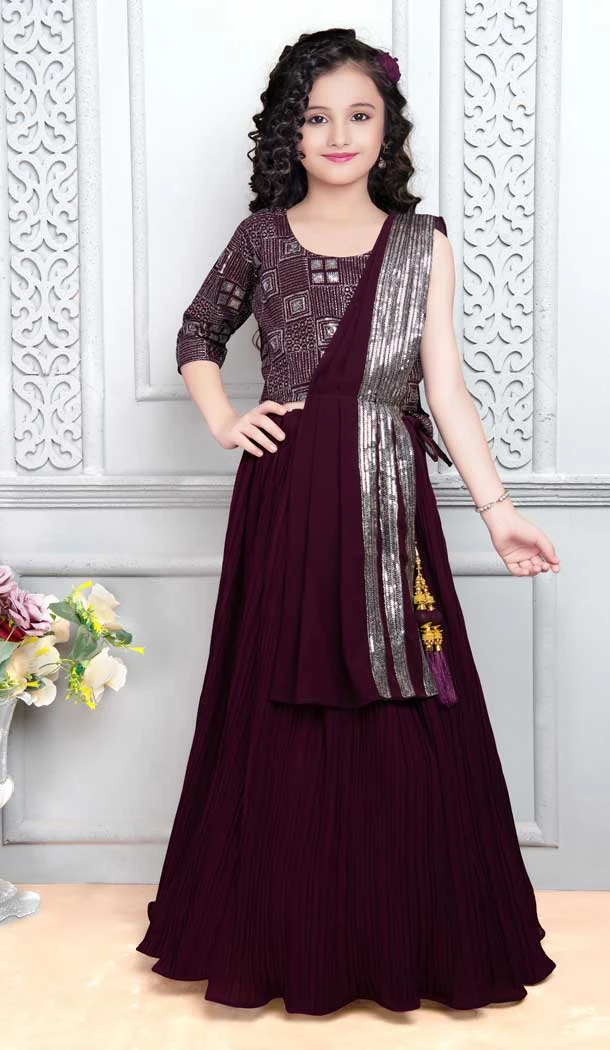 Wine Color Heavy Georgette Embroidery Work Designer Girls Lehenga Choli -6084167090