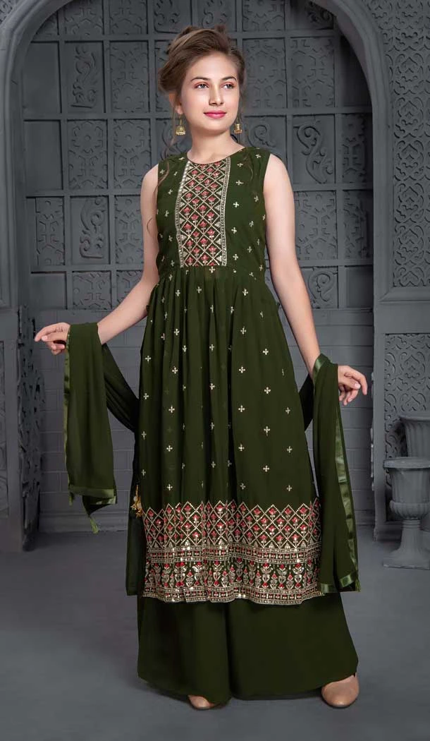 Mehendi Color Georgette Embroidery Work Designer Girls Salwar Kameez -6086167100