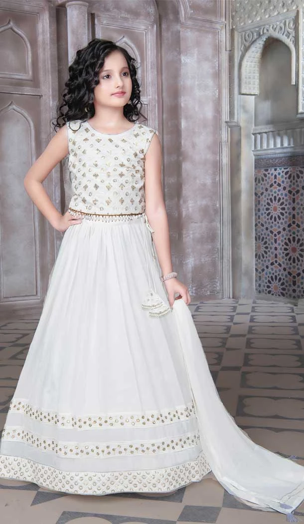 White Color Georgette Embroidery Work Designer Kids Girls Lehenga Choli -6087167103