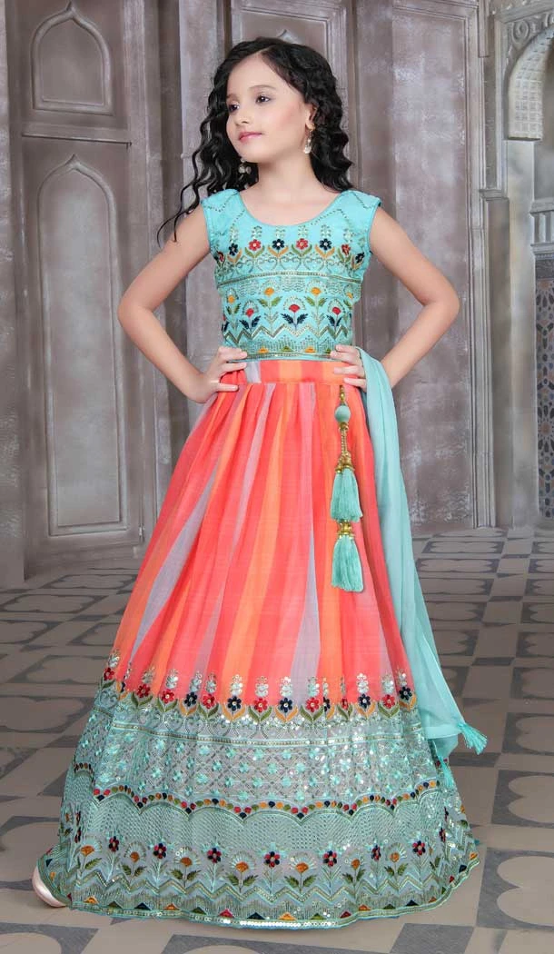 Sky Blue Color Georgette Embroidery Work Designer Kids Girls Lehenga Choli -6087167104