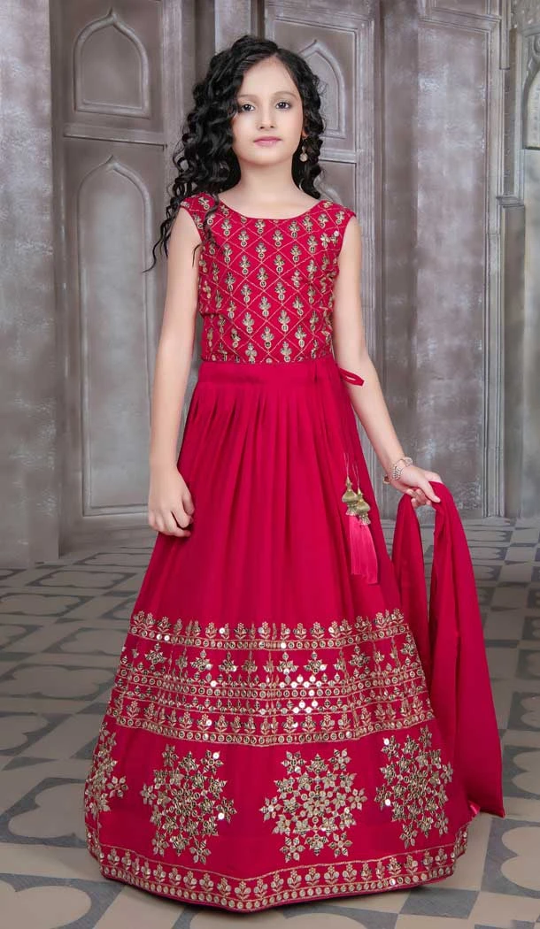 Rani Pink Color Georgette Embroidery Work Designer Kids Girls Lehenga Choli -6087167105
