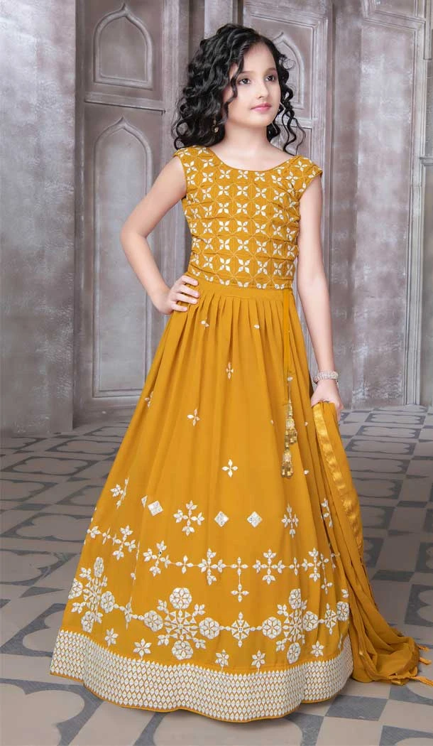 Mustard Color Georgette Embroidery Work Designer Kids Girls Lehenga Choli -6087167106