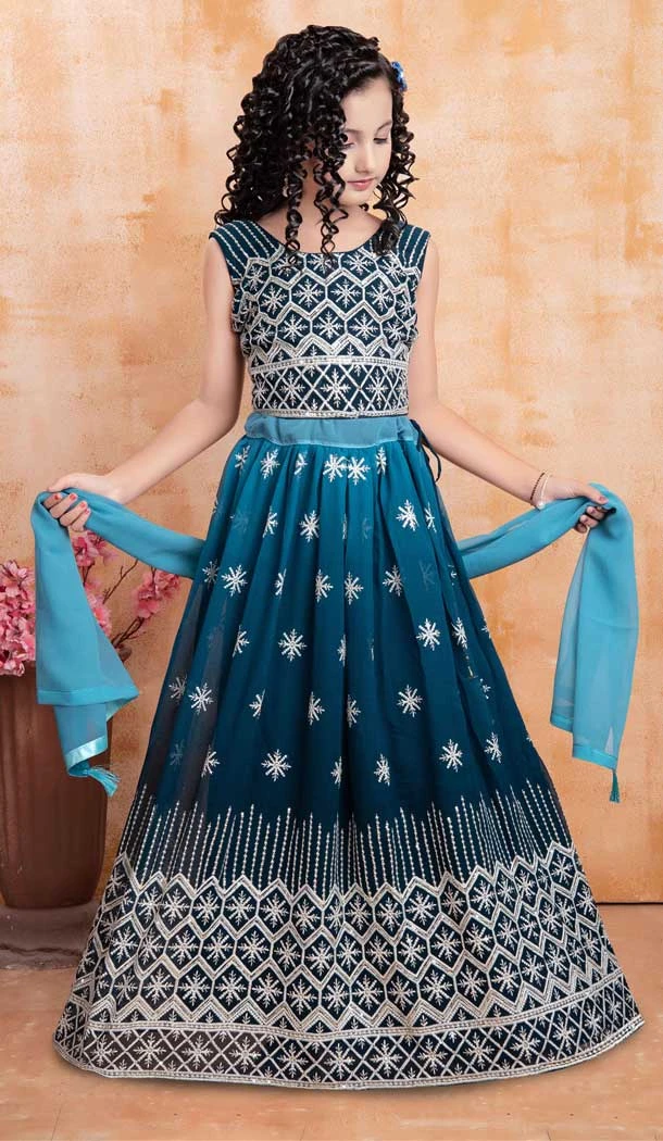 Georgett Lucknowi Work Rama Color Designer Girls Kids Lehenga Choli -6090167117