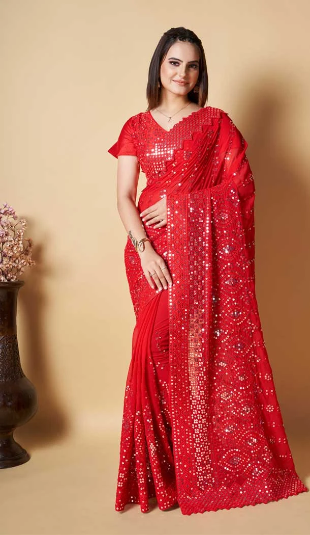 Captivating Red Color Georgette Embroidery Work Party Wear Women Saree Blouse -6094167152