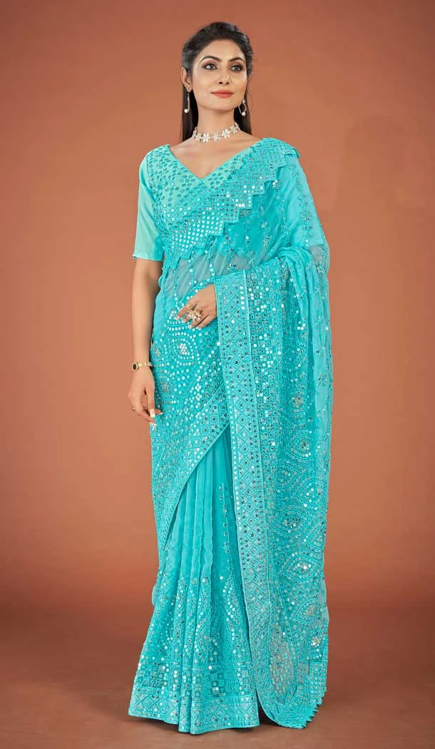 Sky Blue Color Georgette Embroidery Work Party Wear Women Saree Blouse -6094167153
