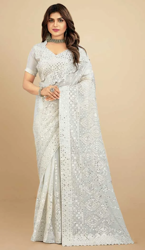 Gleaming White Color Georgette Embroidery Work Party Wear Women Saree Blouse -6094167154
