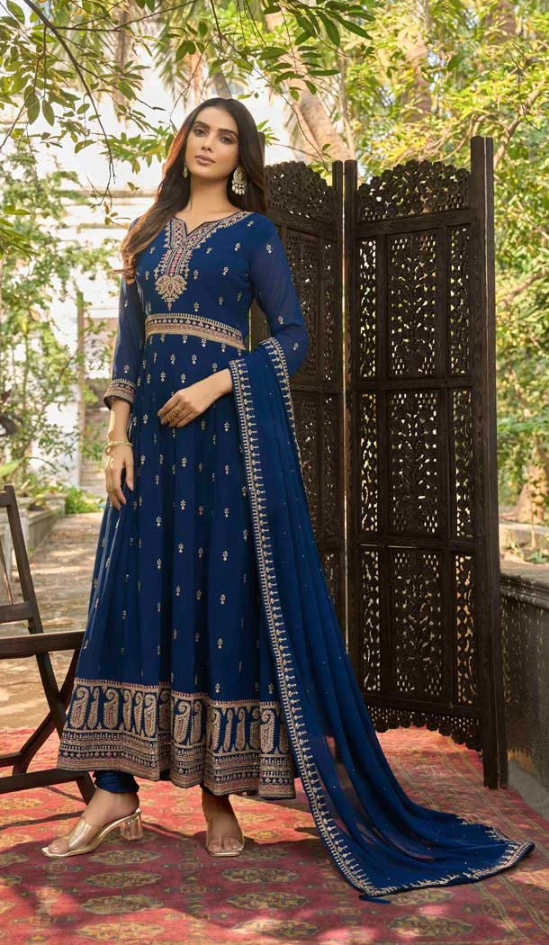 Teal Blue Color Faux Georgette Embroidery Work Party Wear Anarkali Salwar Kameez -6100167183