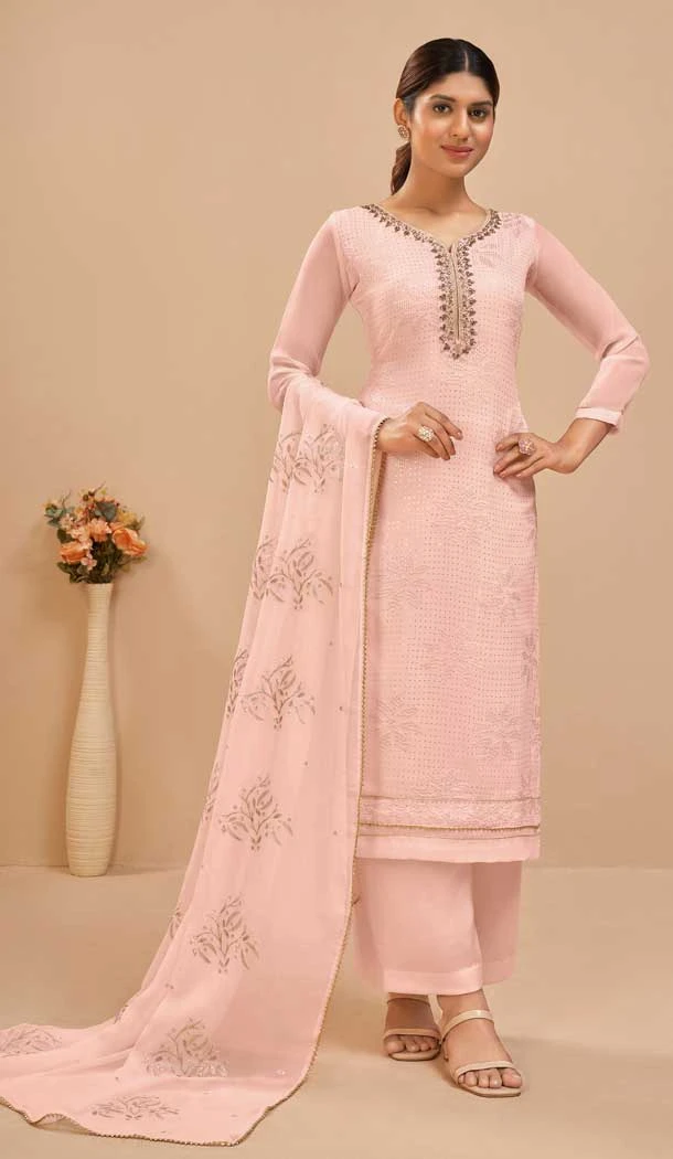Gleaming Peach Color Georgette Embroidery Work Evening Party Wear Palazzo Suit -6102167191