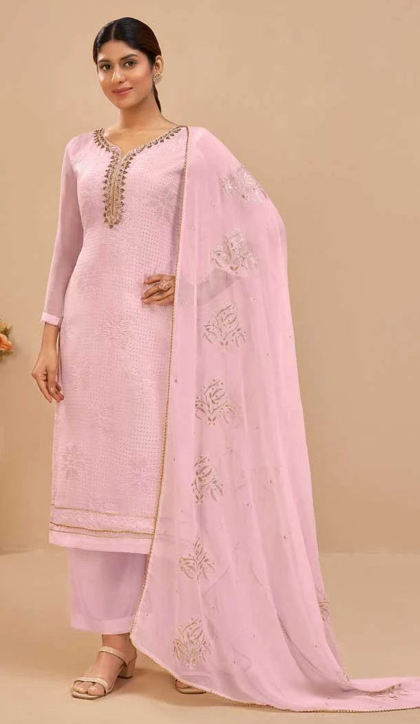 Light Pink Color Georgette Embroidery Work Evening Party Wear Palazzo Suit -6102167192